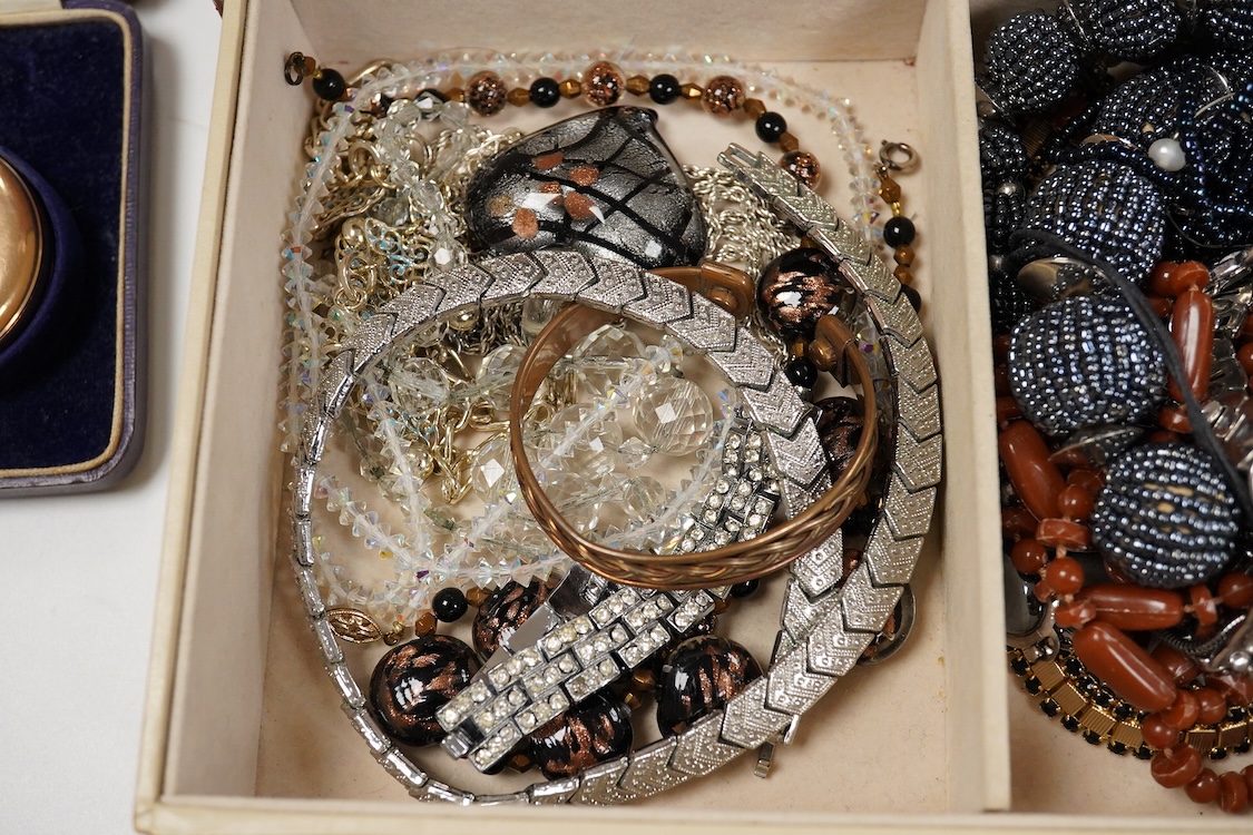 A 9ct gold bracelet, 18cm, 3.5 grams and a quantity of silver, white metal, 925 and costume jewellery, a gold plated half hunter pocket watch contained in a jewellery box.